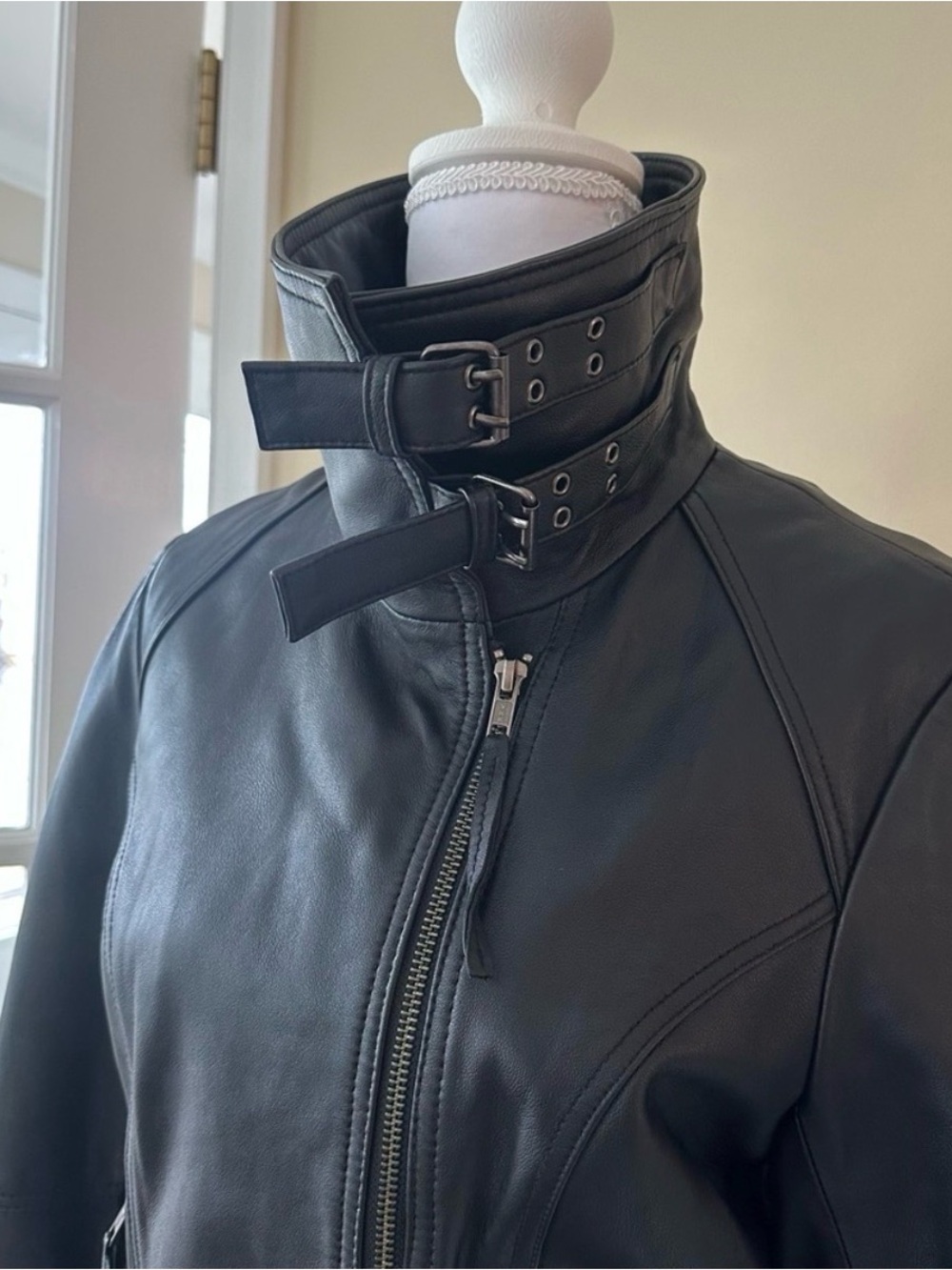 Vintage Black Leather Funnel Collar High Neck Clasps Asymmetrical Moto Jacket XS